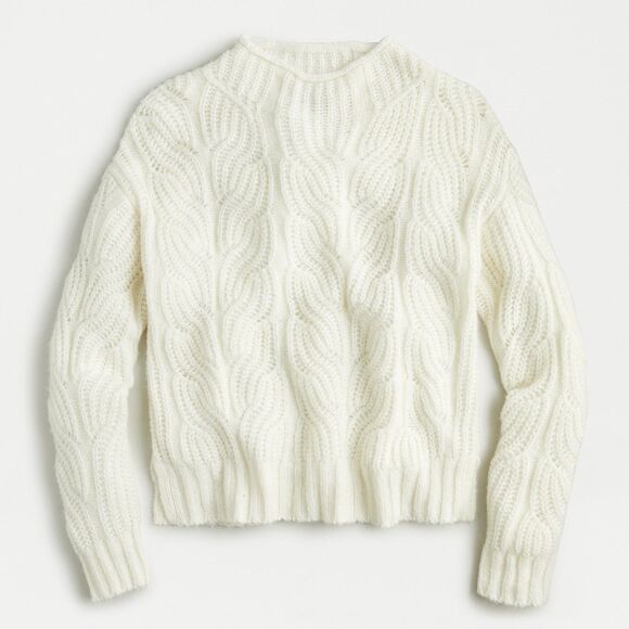 J. Crew Pointelle Cable Knit Sweater Size L Cream Alpaca Blend Mock Neck Preppy - Picture 1 of 5